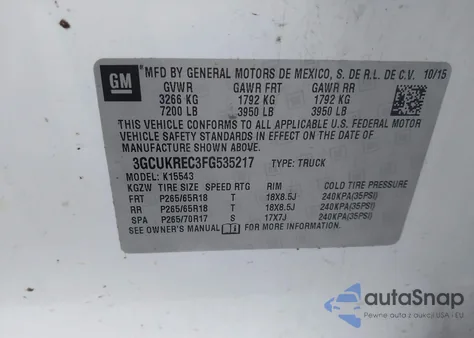 2015 Chevrolet Silverado 1500 1Lt z USA, uszkodzony, nr VIN 3GCUKREC3FG535217